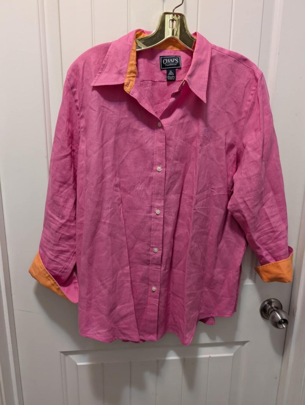 Chaps Classics Blouse Womens XL 100% Linen Pink Button Up Long Sleeve Casual
